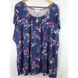 Carmen Marc Valvo Women's Top Plus Size 3X Blue Floral Short Sleeve Shirt